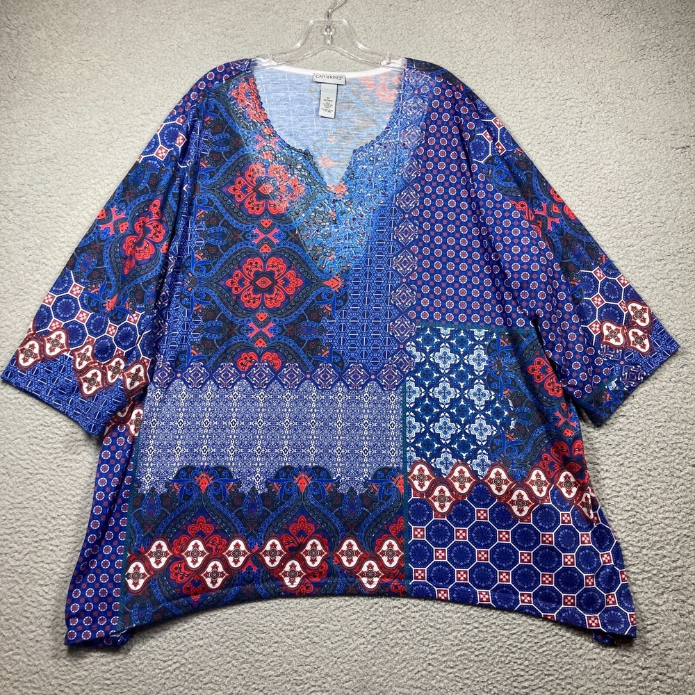 Catherines Top Women's Plus 3X Blue Patchwork Boho Patriotic Casual Stretch